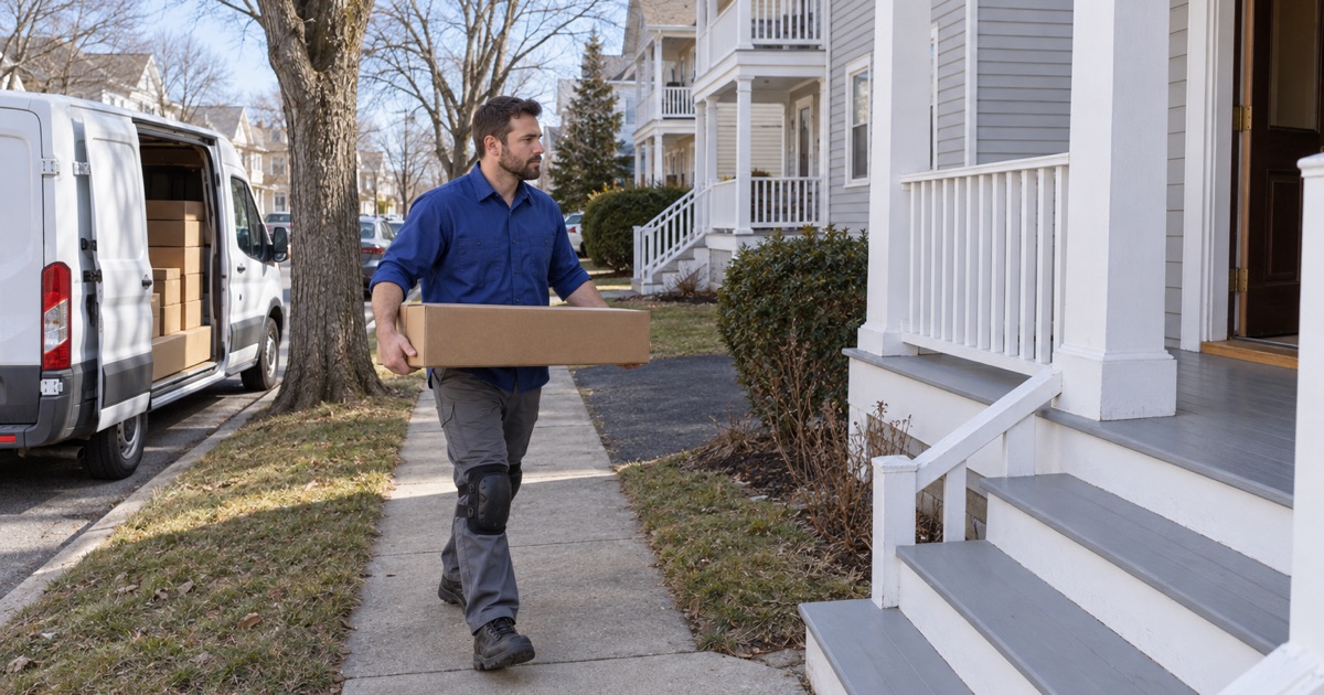 Worker carrying a carton of new oak flooring from a plain work van toward a two-family house on a Malden street.