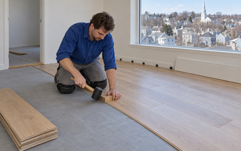 Worker seating a wide engineered white oak plank with a tapping block in a condominium in a newer apartment building in Malden.