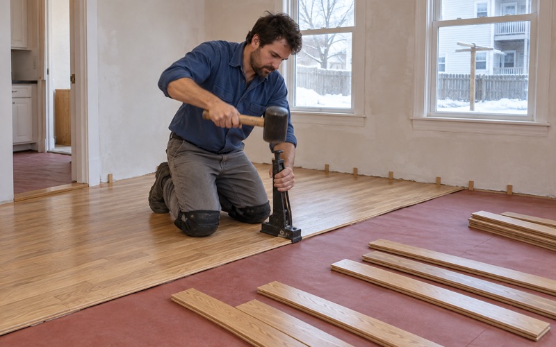 Worker driving a manual flooring nailer against the tongue of a new red oak board in the back room of a Malden two-family.