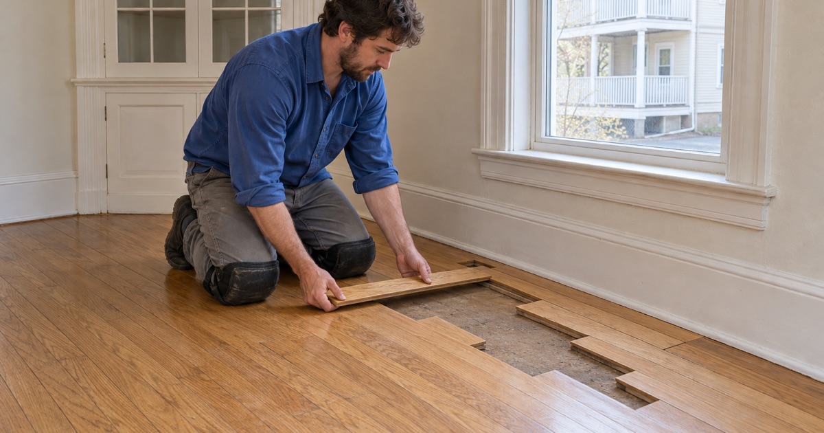 Worker lacing new oak strips into a Malden dining room floor where a removed radiator’s pipe holes were, the joints staggered.