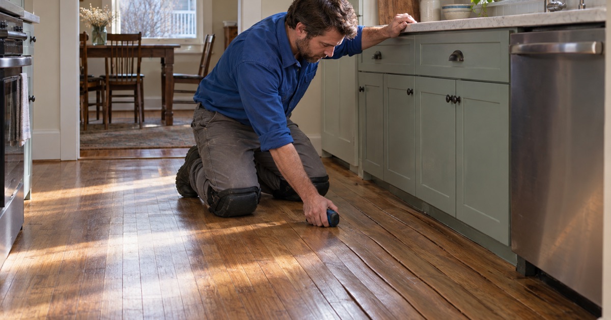 Worker checking cupped red oak boards with a moisture meter in the kitchen of a Malden two-family after a leak from the unit upstairs.