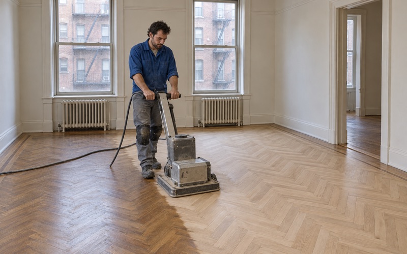 Worker sanding an old oak herringbone parquet floor with a square-pad floor sander in a prewar apartment in Malden.