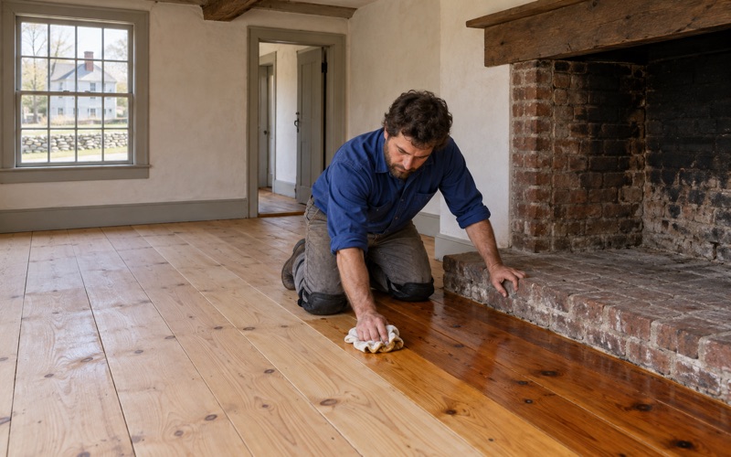 Worker rubbing oil finish into sanded wide antique pine floorboards beside the fireplace of an old house near Malden.