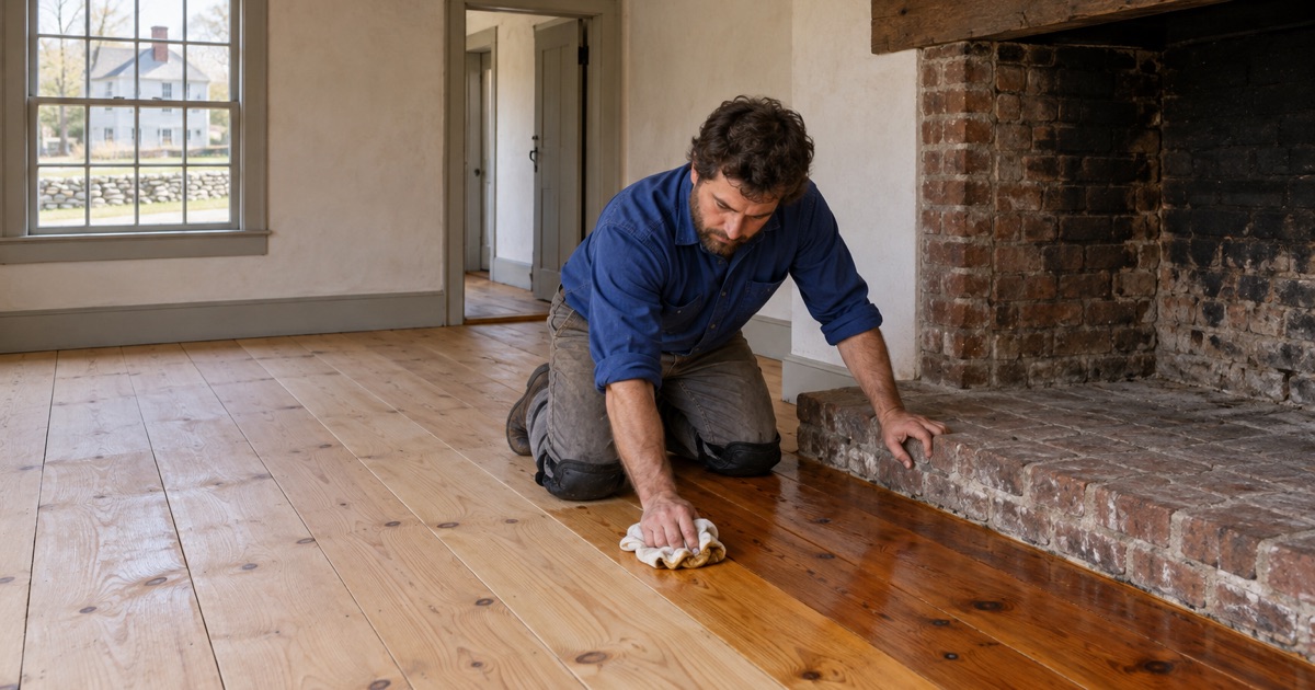 Worker rubbing oil finish into sanded wide antique pine floorboards beside the fireplace of an old house near Malden.