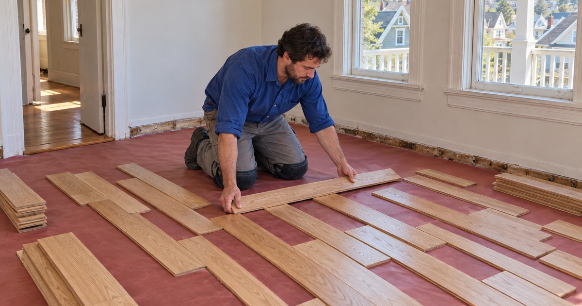 Worker laying out new red oak boards across the subfloor before installation in the top-floor flat of a three-decker in Malden.
