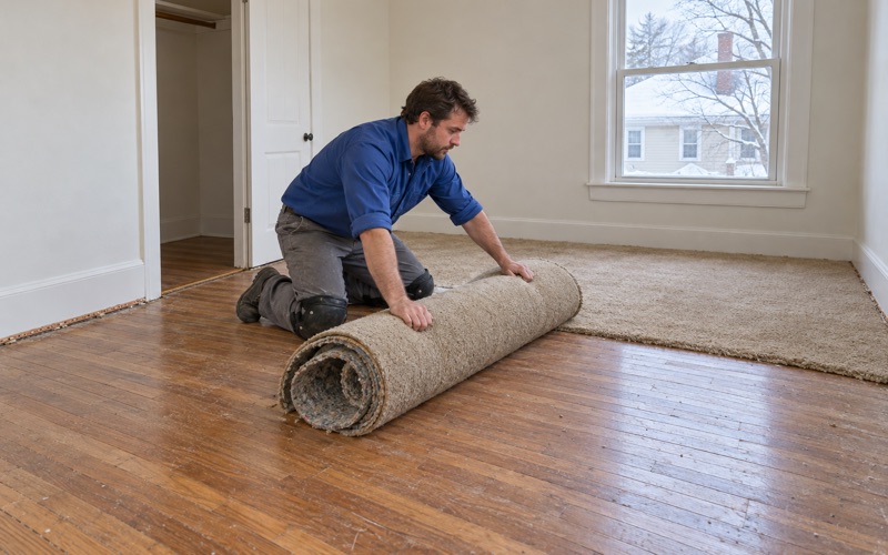 Worker rolling up old wall-to-wall carpet to uncover original oak floors in a bedroom of a Malden two-family.