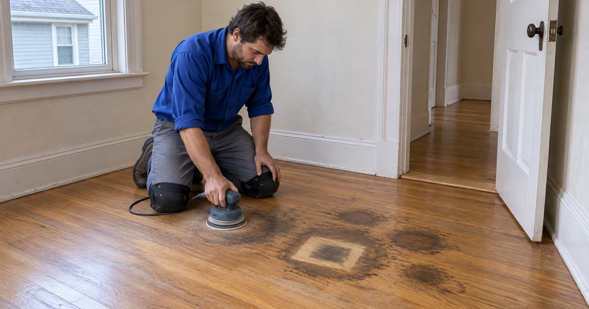 Worker test-sanding dark pet stains in a red oak floor at a bedroom doorway in a Malden house to see how deep they go.