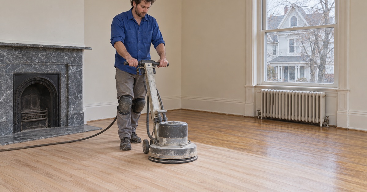 Worker sanding a red oak floor with a planetary floor sander in the parlor of a Victorian house in Malden.