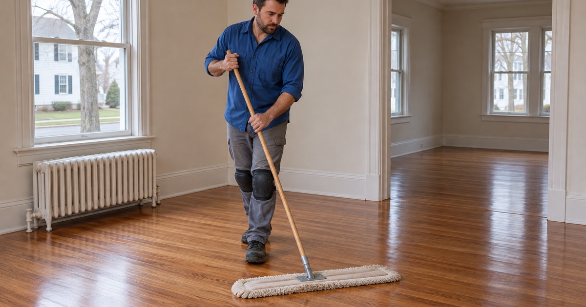 Worker dust-mopping the cured oak floor of an older house in Arlington.