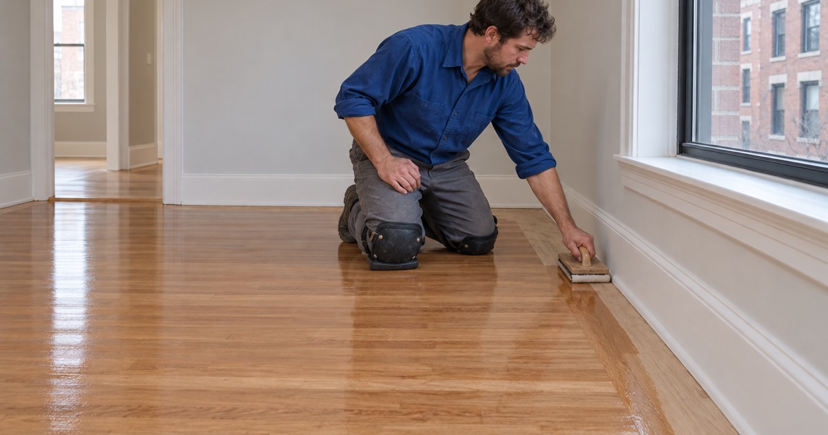 Worker finishing the perimeter of a refinished oak floor in a Back Bay condominium.