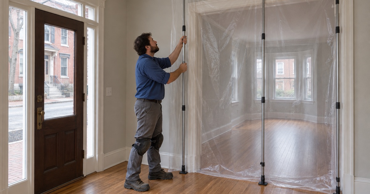 Worker setting up plastic dust containment at a doorway before sanding the oak floor of an older owner-occupied home in Boston.