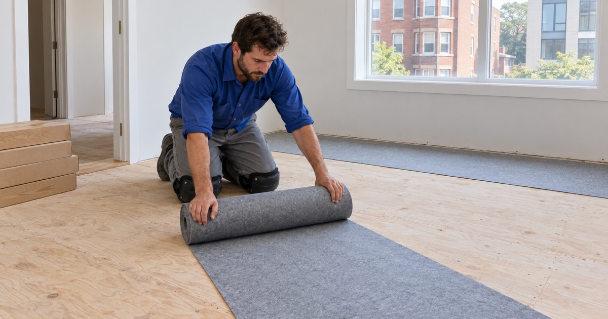Worker unrolling underlayment across the subfloor before new oak flooring goes down in a newly built house in Brookline.