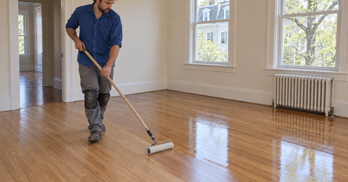 Worker rolling a finish coat onto the refinished oak floor of an owner-occupied unit in a small Cambridge house.
