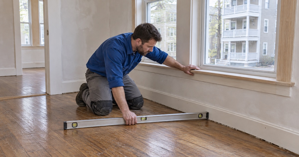 Worker checking an old oak floor with a long level during the rehab of an owner-occupied two-family house in Everett.