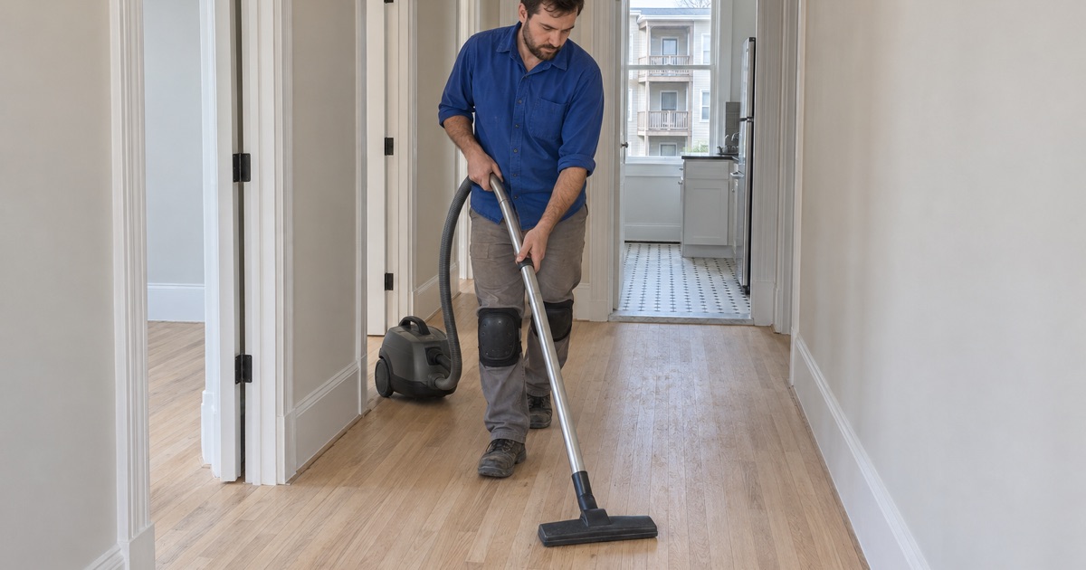 Worker vacuuming freshly sanded oak floors down the long hallway of an empty three-decker flat in Lynn.