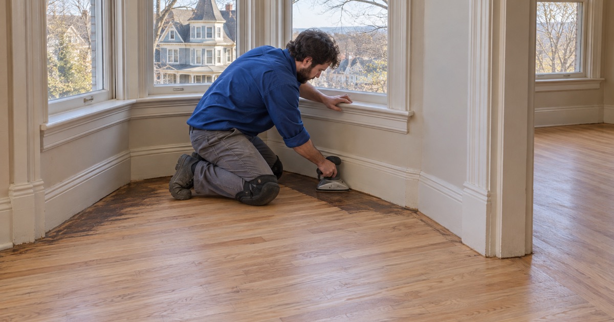 Worker sanding into the corners of a round turret alcove on the oak floor of an 1890s Queen Anne house in Medford.