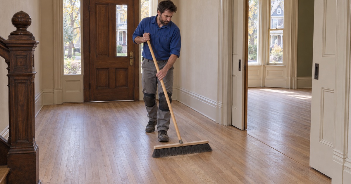 Worker sweeping freshly sanded original oak floors in the front hall of a Victorian house in Melrose.