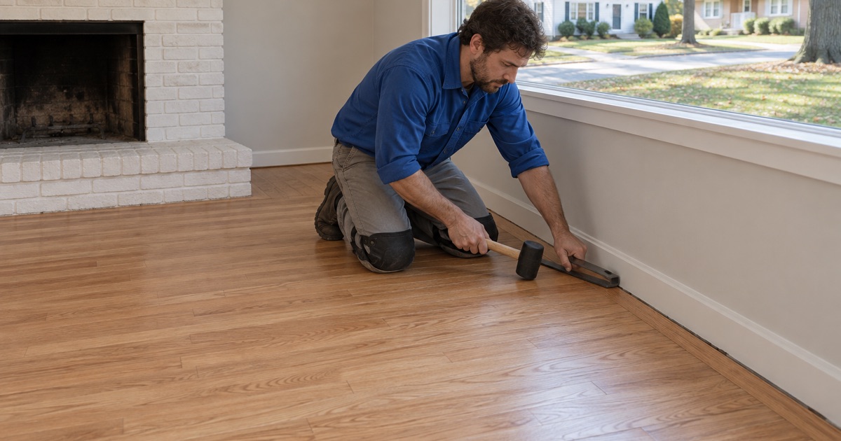 Worker pulling the last row of a new red oak floor tight in the living room of a 1950s house in Peabody.