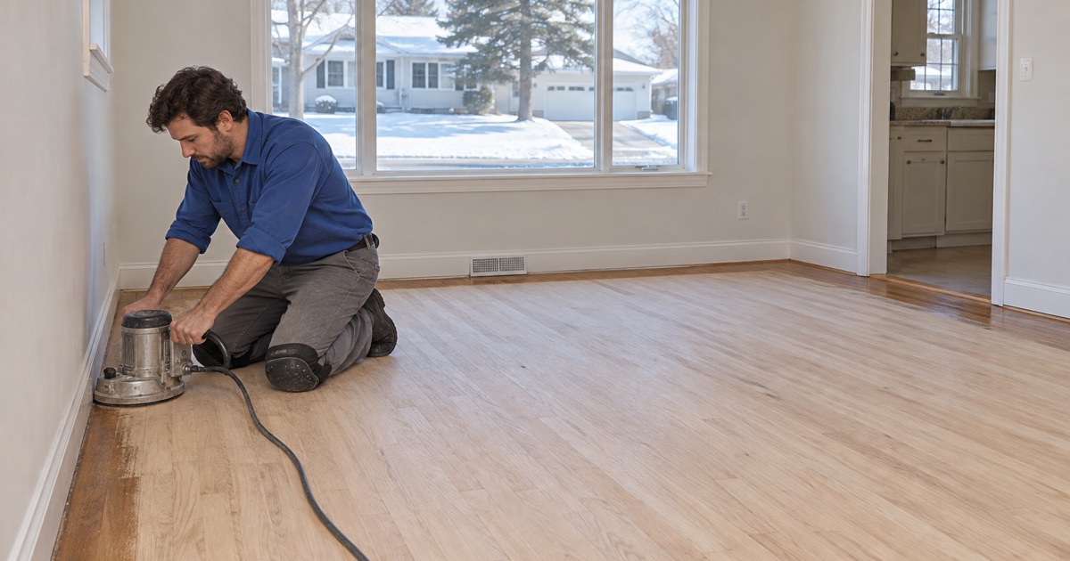 Worker sanding the edges of a red oak floor in a Reading house.