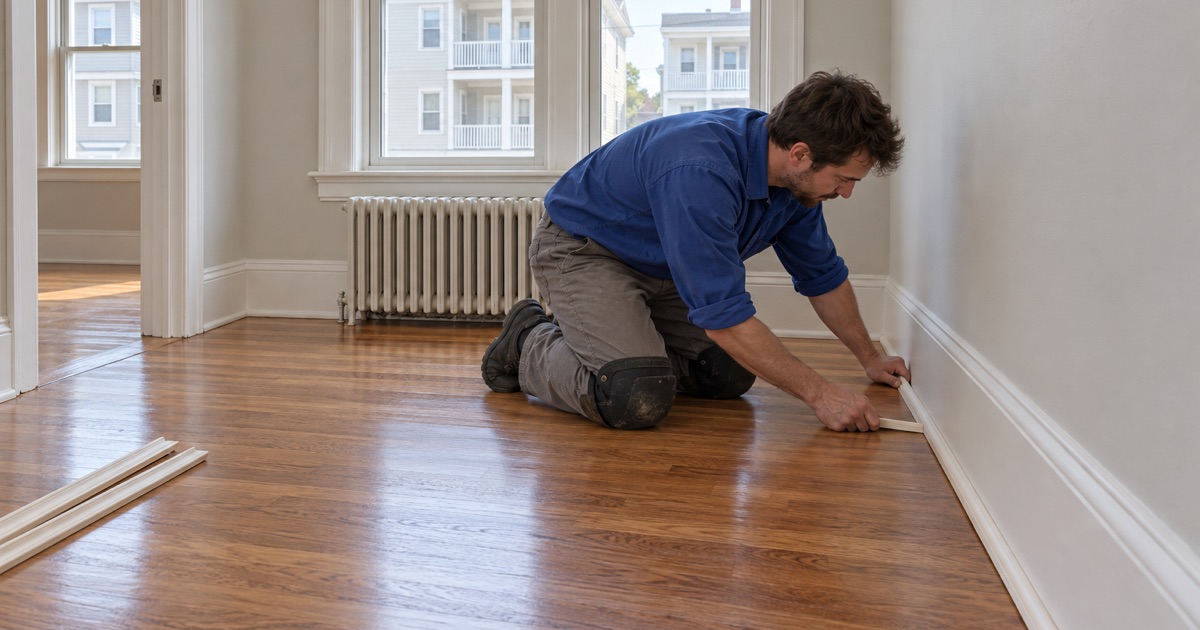 Worker fitting shoe molding back along a refinished oak floor in an empty Revere rental unit before the next tenant moves in.