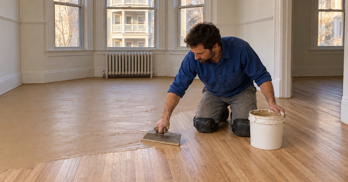 Worker trowel-filling the seams of a sanded oak floor in the middle flat of a three-decker in Somerville.